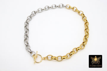 Silver and Gold Rolo Chain Necklace, Toggle Wrap Heavy Necklace, Large Chunky Chain